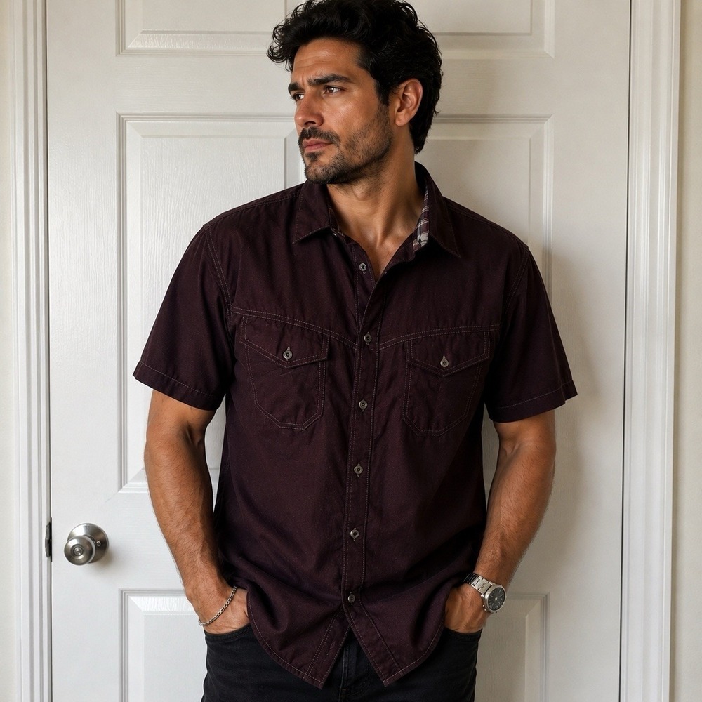 KÜHL Short Sleeve Button Up Shirt Men's M Plum Burgundy Outdoor Utility Gorpcore